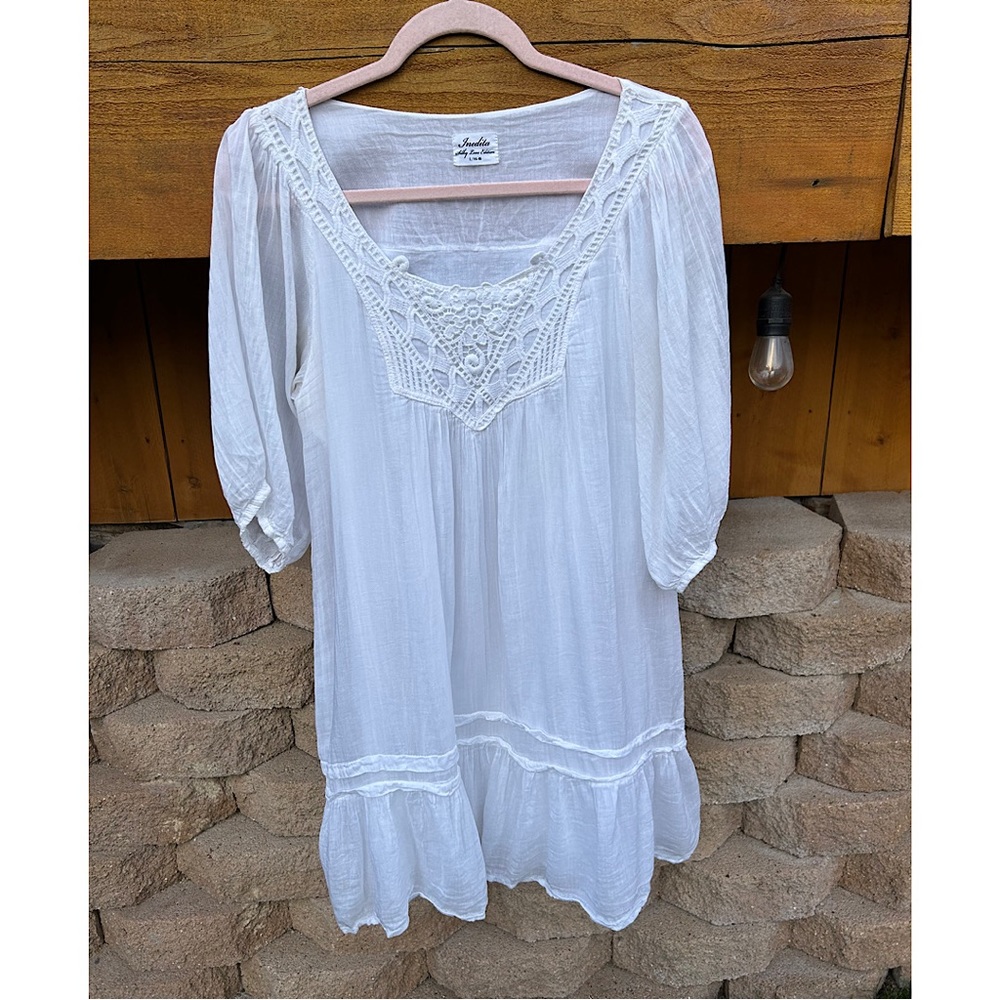 NWOT-Sz L-Inedita Silky Love Edition brand white lined dress with lace accents - Picture 2 of 7
